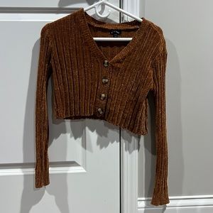 Like new, chenille brown button-down sweater, size large, 10/12